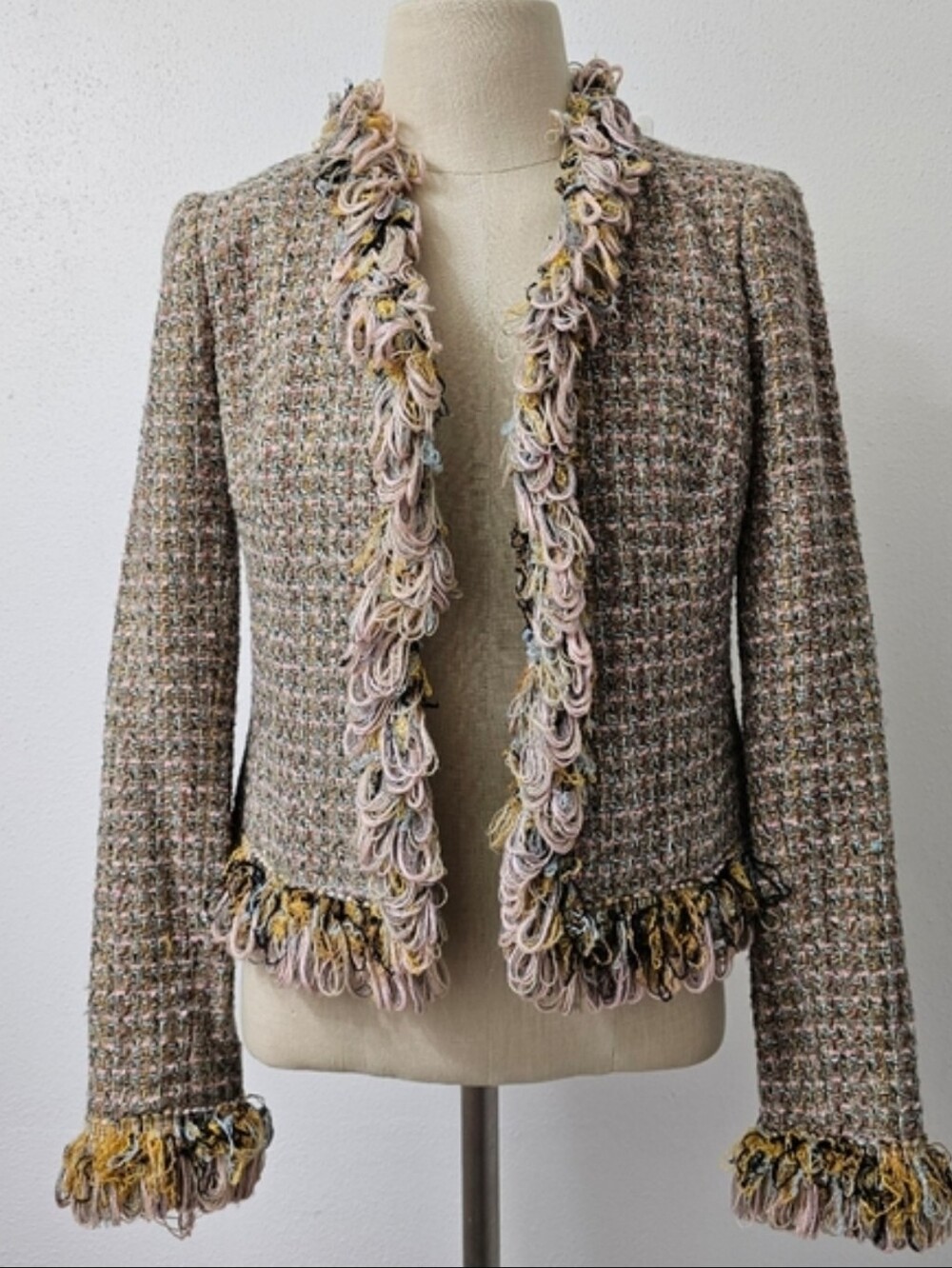 ABS Alvin Schwartz Fringe-Trim Slub Textured Tweed Jacket EUC